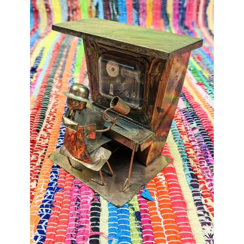VTG 70's Steam Punk Piano Player Sankyo Music Box Tin Copper Wind-Up Hong Kong